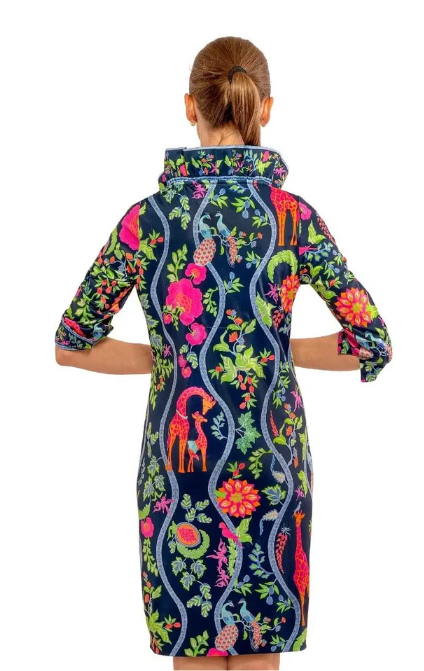 RUFFLE NECK DRESS IN JUNGLE SYMPONY PRINT