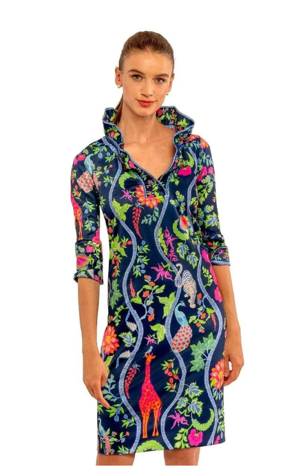 RUFFLE NECK DRESS IN JUNGLE SYMPONY PRINT