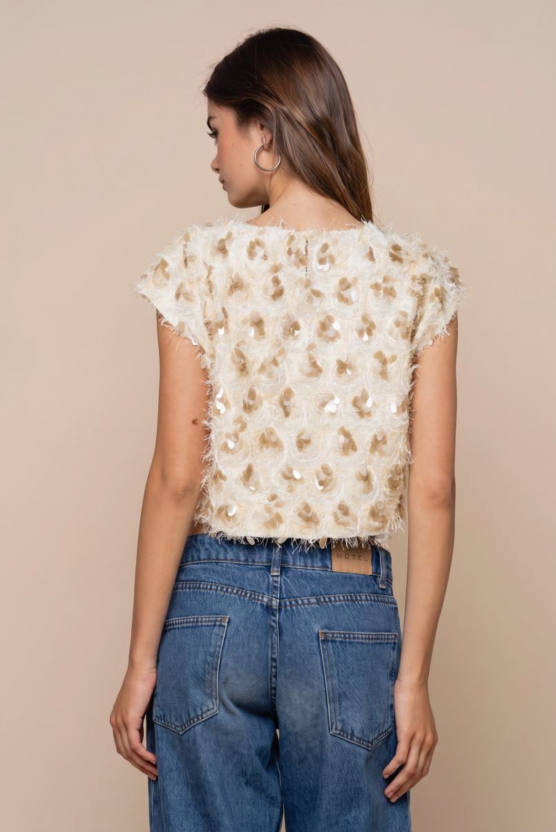 Sequin Fringe Sleeveless Cream Top