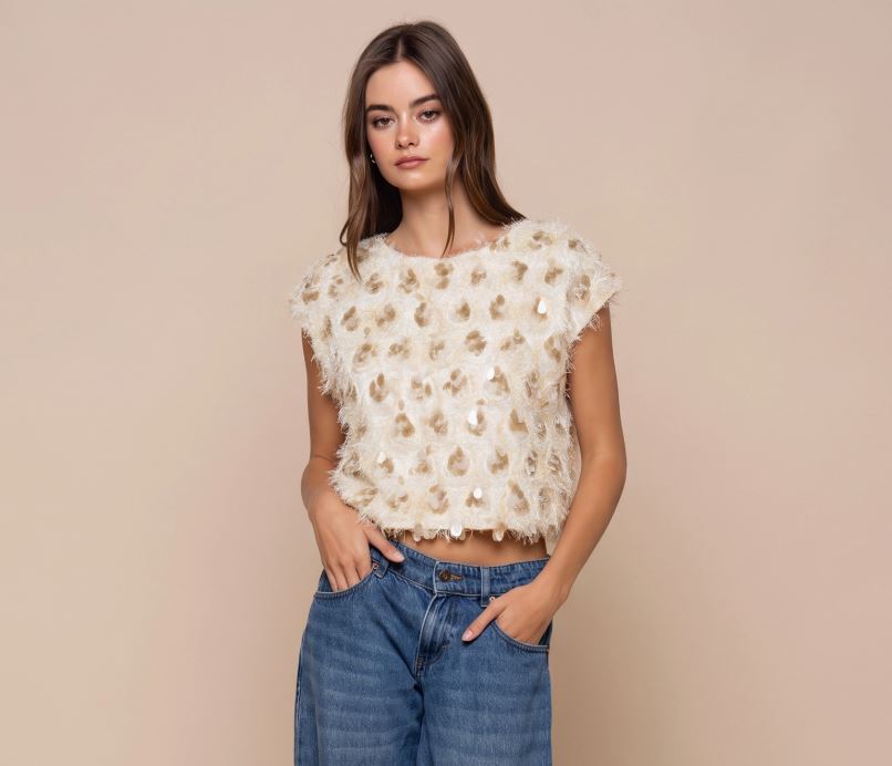 Sequin Fringe Sleeveless Cream Top